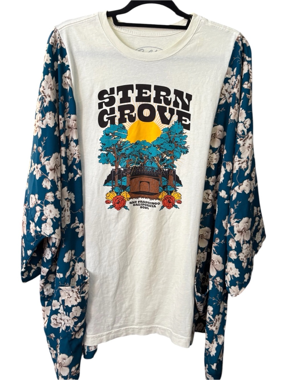 Stern Grove Graphic Tee Upcycled with Floral Kimono Sleeves